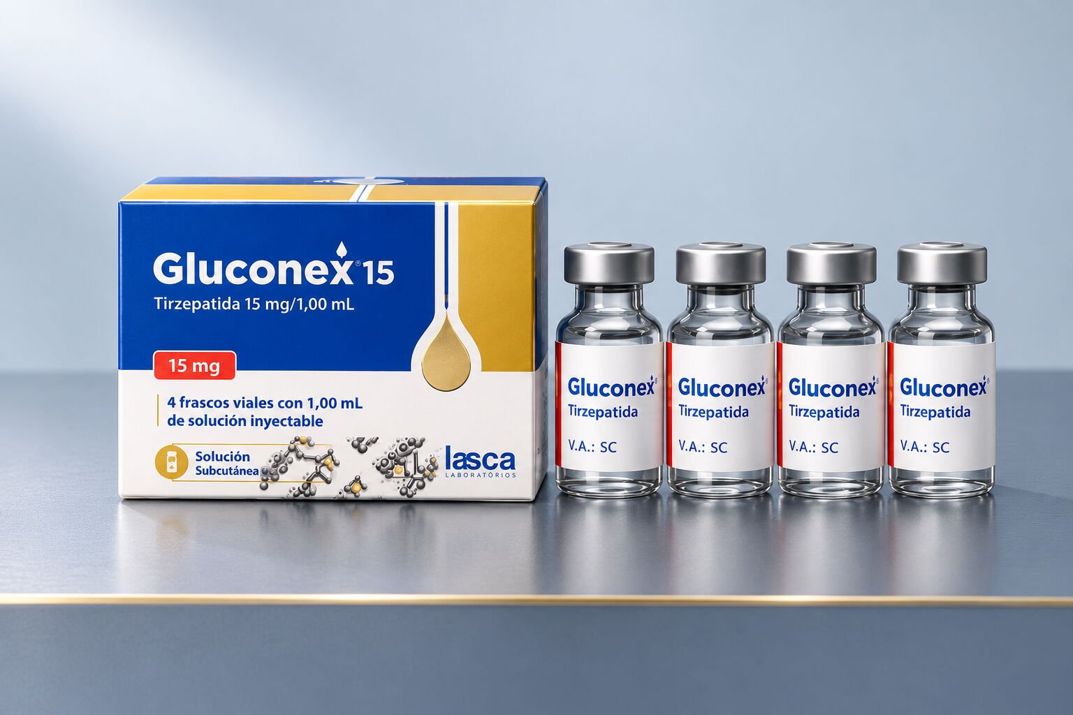 Caixa de Gluconex Lasca e quatro frascos em um cenário azul acinzentado.